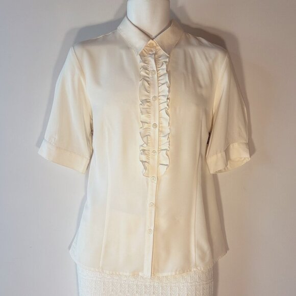 Elementz SZL Ivory Georgette Ruffle Blouse Career Dressy Preppy Capsule Wardrobe - Picture 1 of 9